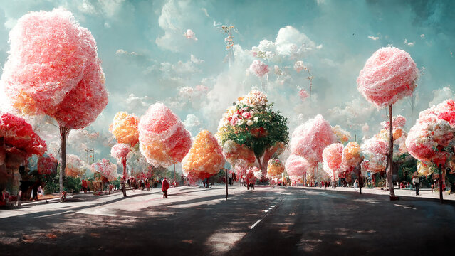 Illustration of a fantasy landscape in the town with pink cotton candy lollipop trees, imagination of a dream world