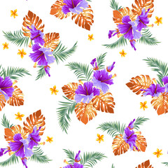 Beautiful tropical flower and plant seamless pattern,