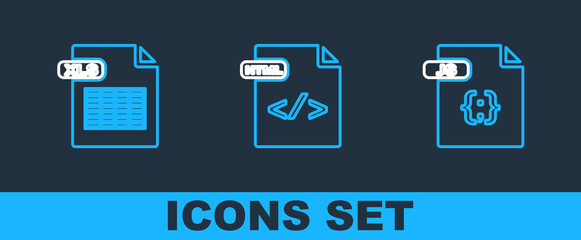 Set line JS file document, XLS and HTML icon. Vector