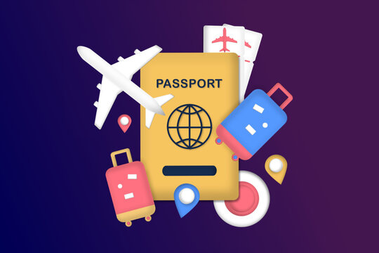 Traveling on airplane, planning for tourism on summer vacation concept. Business trip with passport and travel bag. Online ticket, travel booking and service concept. 3D minimalist vector illustration