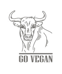 Poster with bull sketch portrait black and white and text go vegan on beige background. Vector illustration