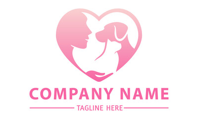Pink Color Animal cat and Dog Woman with Love Logo Design