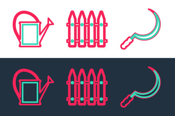 Set line Sickle, Watering can and Garden fence icon. Vector