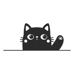 Vector cartoon silhouette of black cat waving to the wall is waving Cute kitten line drawing.