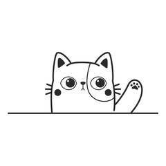 Vector cartoon silhouette of black cat waving to the wall is waving Cute kitten line drawing.