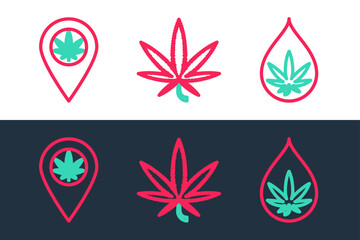 Set line Marijuana or cannabis leaf oil, Location and marijuana and icon. Vector