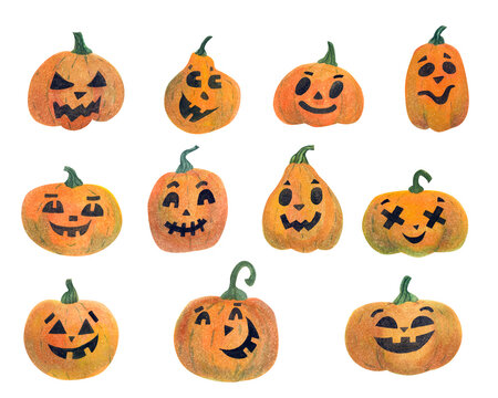 Jack o lantern or Halloween pumpkins set. Different emotions. Hand painted watercolor illustration.  Great for creating stickers, posters, greeting cards