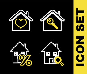 Set line House with key, Search house, percant and heart shape icon. Vector