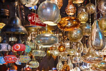 Grand bazaar interior in Istanbul city center. Lamps store. Turkey