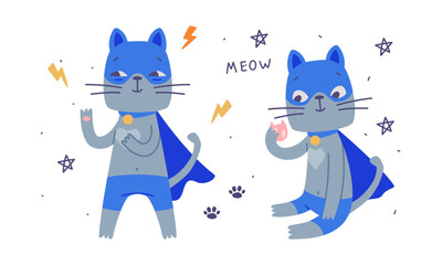 Funny super cat set. Cute kitten pet animal character in blue mask and cape cartoon vector illustration