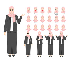 Fototapeta na wymiar Business woman hijab character model sheet with mouth animation lip sync creation various views and face