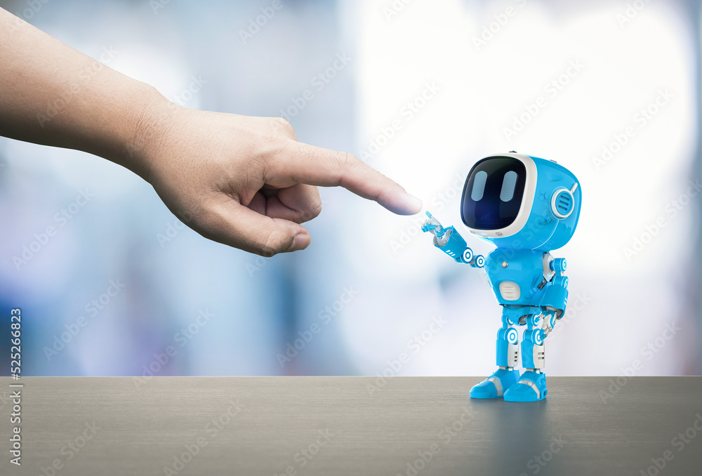 Poster blue robotic assistant or artificial intelligence robot connect with human