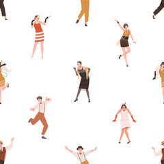 1920s Broadway dancers pattern. Seamless repeating background with happy people dancing to 20s music at gatsby fashion party in twenties style. 1930s texture design. Colored flat vector illustration