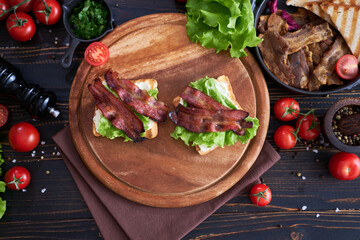 French toasts with cream cheese, salad and bacon