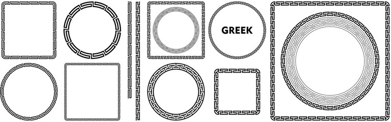 Frame border of greek ornament. Meander pattern collection Grecian ancient style, roman design, antique element symbol. Geometric mediterranean decoration. Vector set 