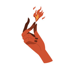 Witch hand with fire energy. Magician lighting magic blaze with finger. Illusionist arm playing with burning flame. Wizardry, witchcraft concept. Flat vector illustration isolated on white background
