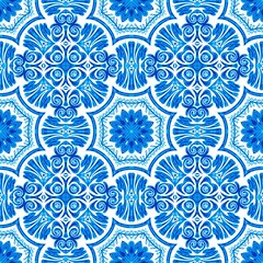 Blue white watercolor azulejos tile background. Seamless coastal geometric floral mosaic effect. Ornamental arabesque all over summer fashion damask repeat