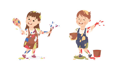 Joyful boy and girl stained clothes, hands and faces with paints. Happy little children painting with paintbrushes and paints cartoon vector illustration