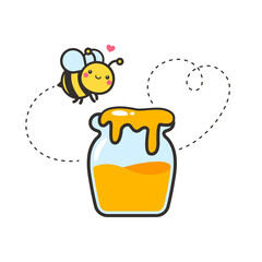 Cute bee cartoon character vector Hexagon honeycomb and flower isolated on white background.