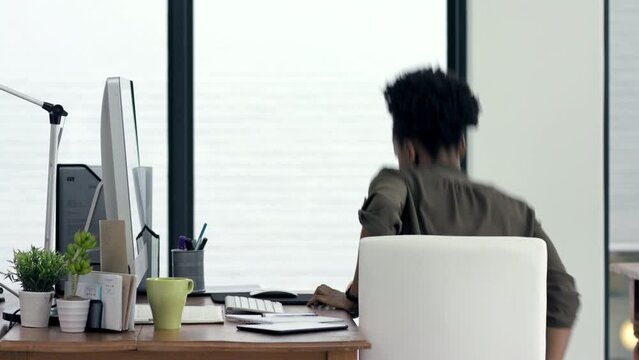 Businesswoman, walking and busy employee at desk, corporate team working with focus, strategy and digital technology. Female worker working on company computer with professional takes break or lunch