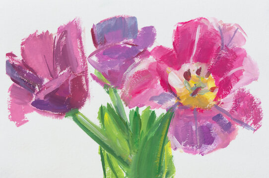 Pink tulips gouache painting. Author's illustration of romantic tulips on a white background. Creative handmade greeting card. Tulips close-up for Mother's Day International Women's Day. Design layout
