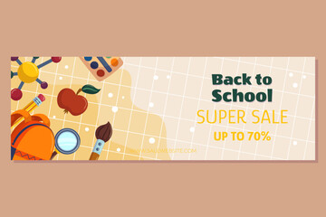 Colorful back to school sale offer banner template with different studying supplies - backpack bag magnifier paint brush apple molecule. Vector illustration design with copy space.