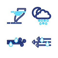 Set line Wind and rain, Cloud with snow, moon and Tornado icon. Vector