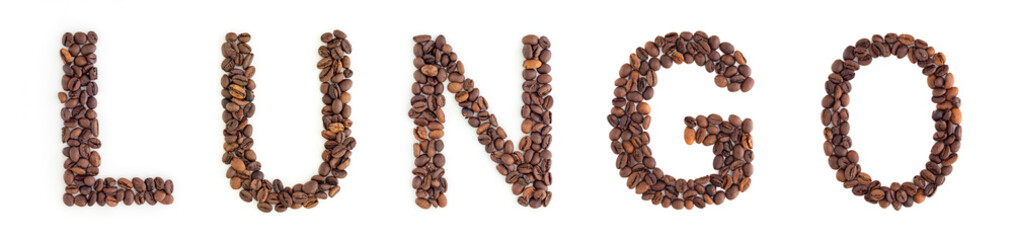 LATTE text from roasted coffee beans on white background