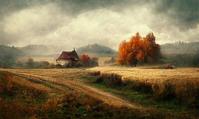 Fototapeta na wymiar rural scenic at autumn landscape , cinematic, digital illustration