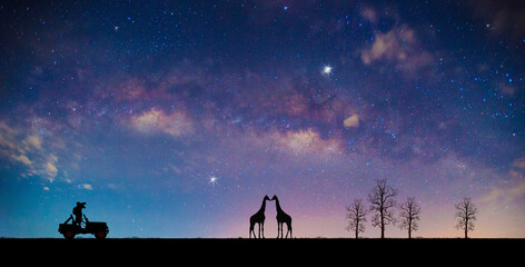 Panorama blue night sky milky way and star on dark background.Universe filled, nebula and galaxy...