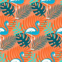 Monstera palm leaf and flamingo seamless pattern for textile and wrapping paper design
