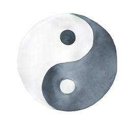 Watercolor illustration of black and white Yin and yang sign. Symbol of balance, harmony, opposing forces, male and female concept, energy, Chinese culture. Hand painted water color artistic drawing.