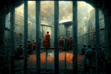 Obraz na płótnie Canvas Bastille Prison with Iron Gray Bars, Medieval Castle and Mountains outside. Hard to Escape. Concept Art Scenery. Book Illustration. Video Game Scene. Serious Digital Painting. CG Artwork Background. 