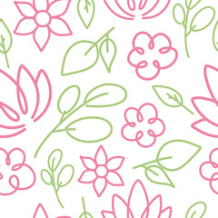 Vector seamless pattern with many pink flowers and fresh leaves on white background. Spring is coming. Abstract childish composition. Trendy textile print. Decorative element for wrapping paper design