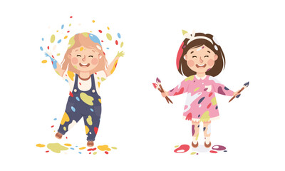 Happy joyful little girls stained clothes, hands and faces with color paints cartoon vector illustration