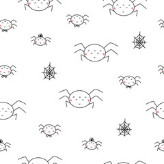 Seamless pattern with cute spider family and cobwebs. Vector illustration for halloween on white background in doodle style