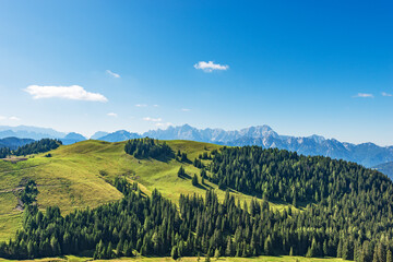 Panoramic view of Carnic and Julian Alps, from the mountain peak of Osternig or Oisternig. Italy Austria border, Europe. Tarvisio, Udine province, Friuli Venezia Giulia. 
