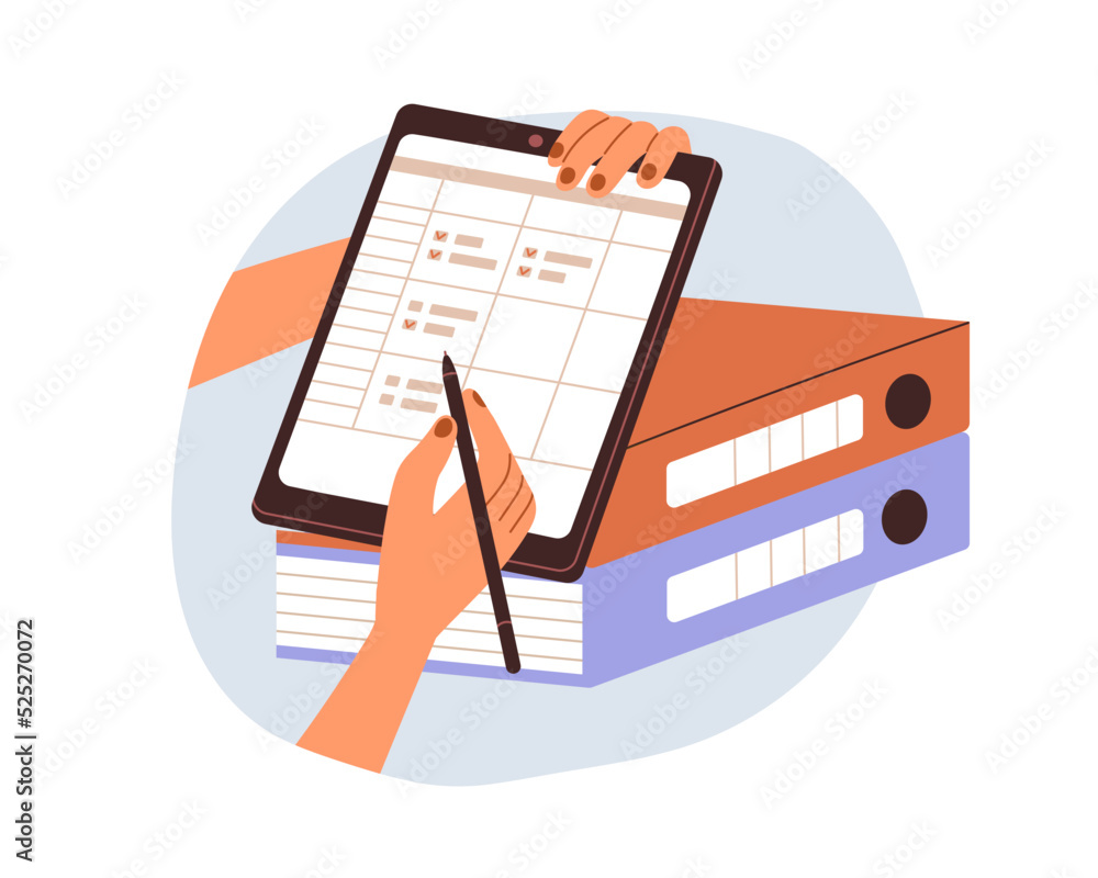 Poster hand with business document on clipboard, office folders, filling employee survey form. holding pape