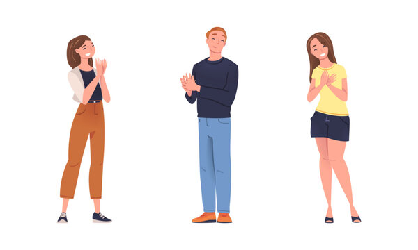 Cheerful young people clapping hands set. Positive people in casual clothes applauding with enthusiasm flat vector illustration