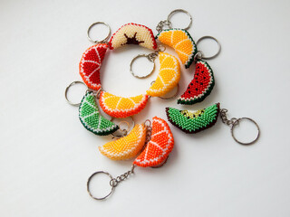 Bead colorful key chains on a white