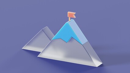 Icon of mountains with a flag on top in glassmorphism style on a blue isolated background 3d render