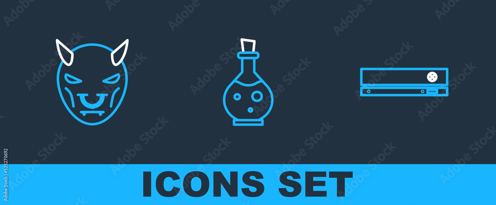 Poster set line video game console, mask of the devil with horns and bottle magic elixir icon. vector
