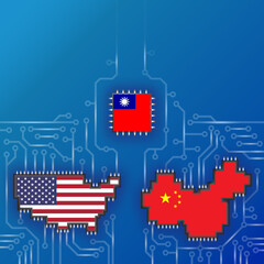 illustrate of USA China and Taiwan flag on microchip on blue background.