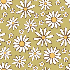 Seamless pattern retro 1970s hippie. Background with colorful flower chamomile in vintage style. Illustration with positive symbols for wallpaper, fabric, textiles. Vector