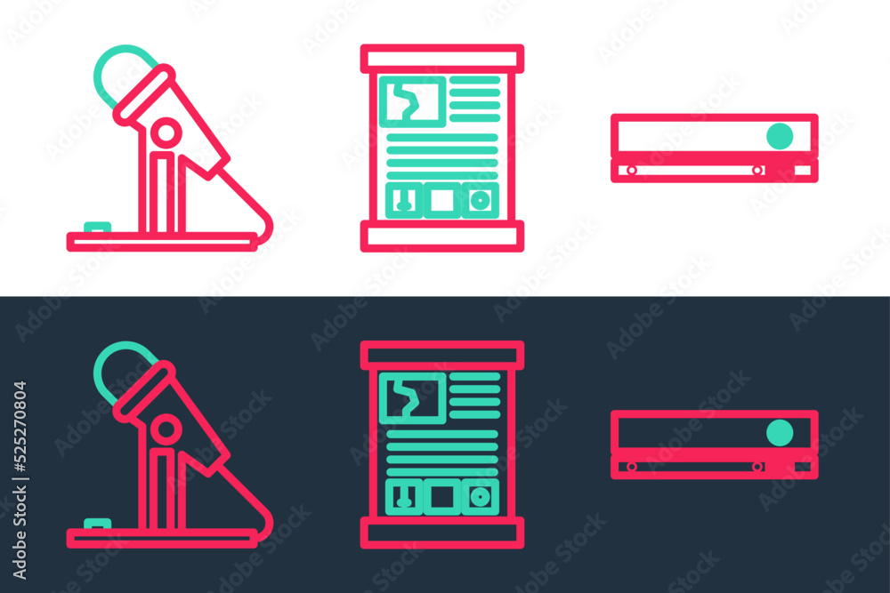 Poster set line video game console, microphone and game guide icon. vector