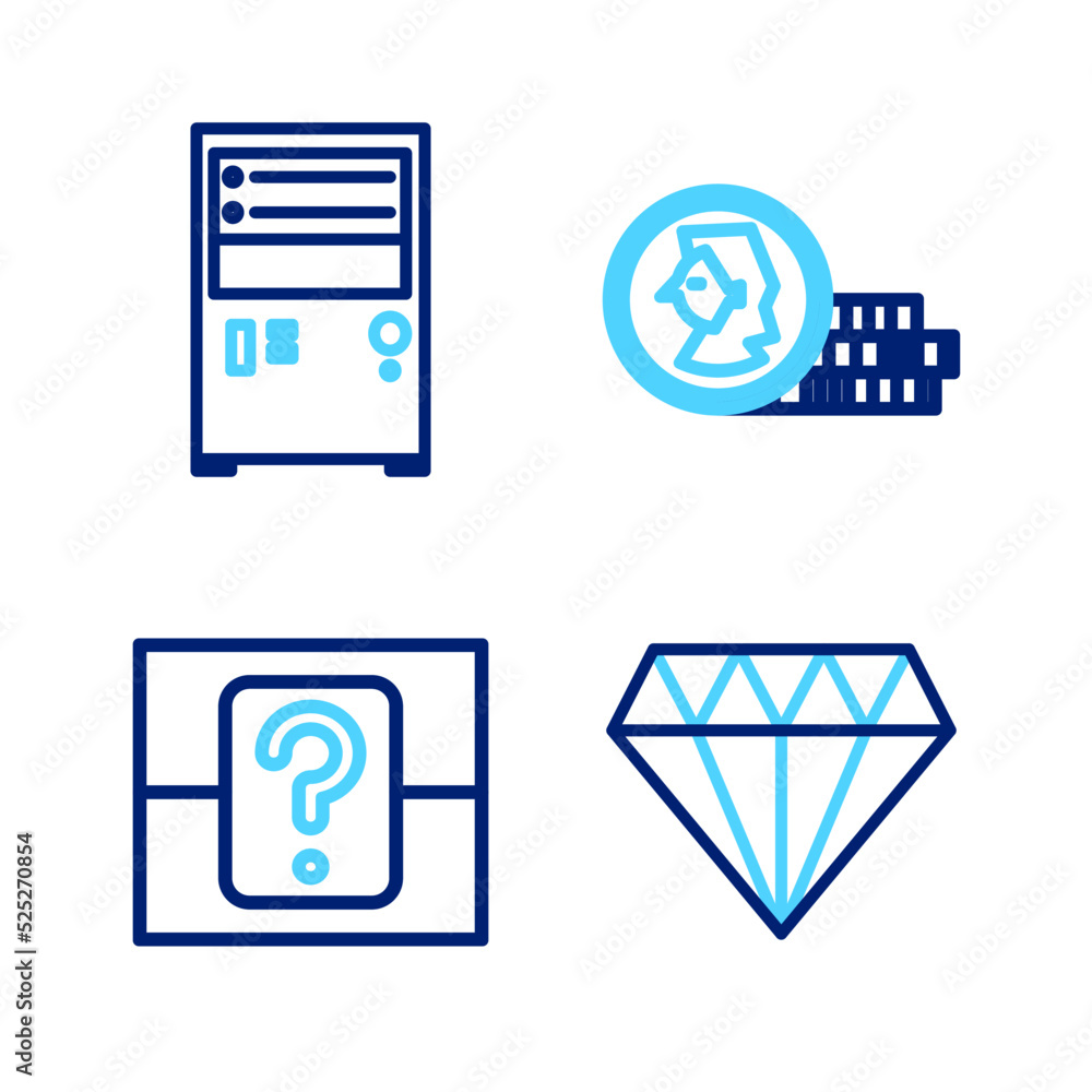 Poster set line diamond, mystery or random box, coin for game and computer icon. vector