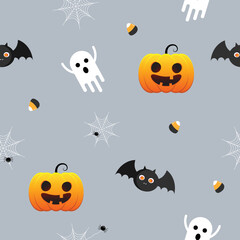 Halloween seamless pattern with pumpkin jack o lantern, ghost, bat, spider web in gray background. Halloween greeting cards. holiday season wallpaper, gift paper, pattern fills, web page background.