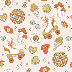 Seamless pattern retro 1970s hippie. Psychedelic groove elements. Background with roller skate, mushrooms in vintage style. Illustration with positive symbols for wallpaper, fabric, textiles. Vector - 525270823