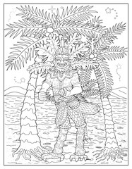 Coloring page illustration with Thailand demons and mythology creatures against nature background