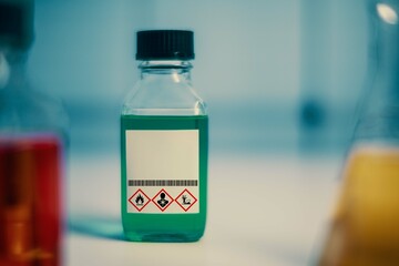 chemical solution glass bottles warning with hazard signs